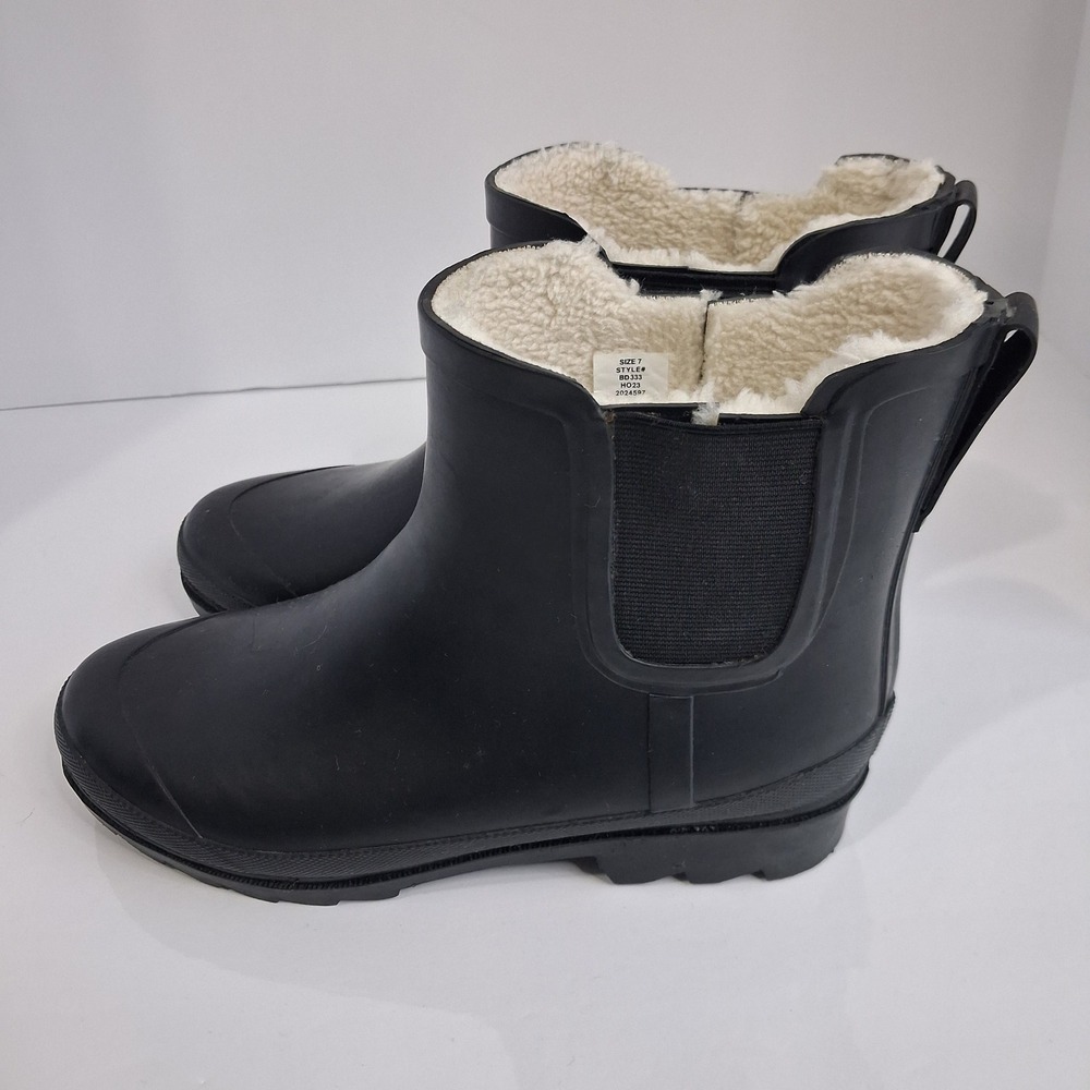 J.Crew Matte Black Rubber Chelsea Rain Boots Faux Shearling Lined Ankle‎ BD333 7